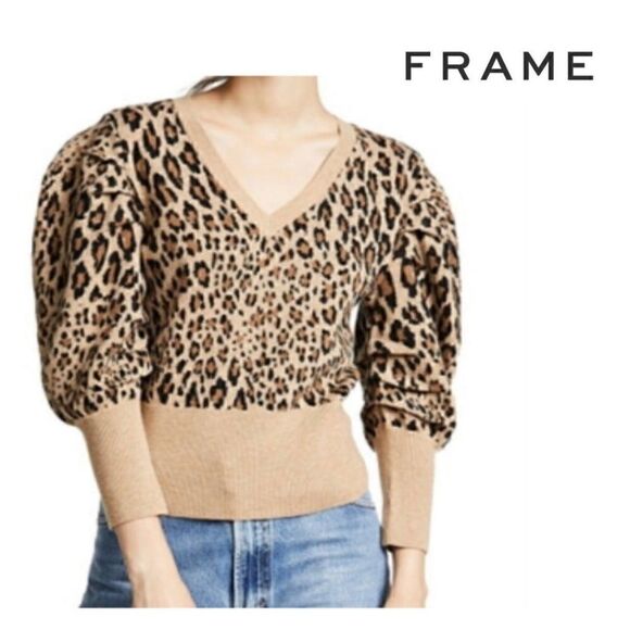 FRAME Womens Small Petite Cheetah Leopard Wool Blend Sweater Brown Tan - Picture 1 of 10